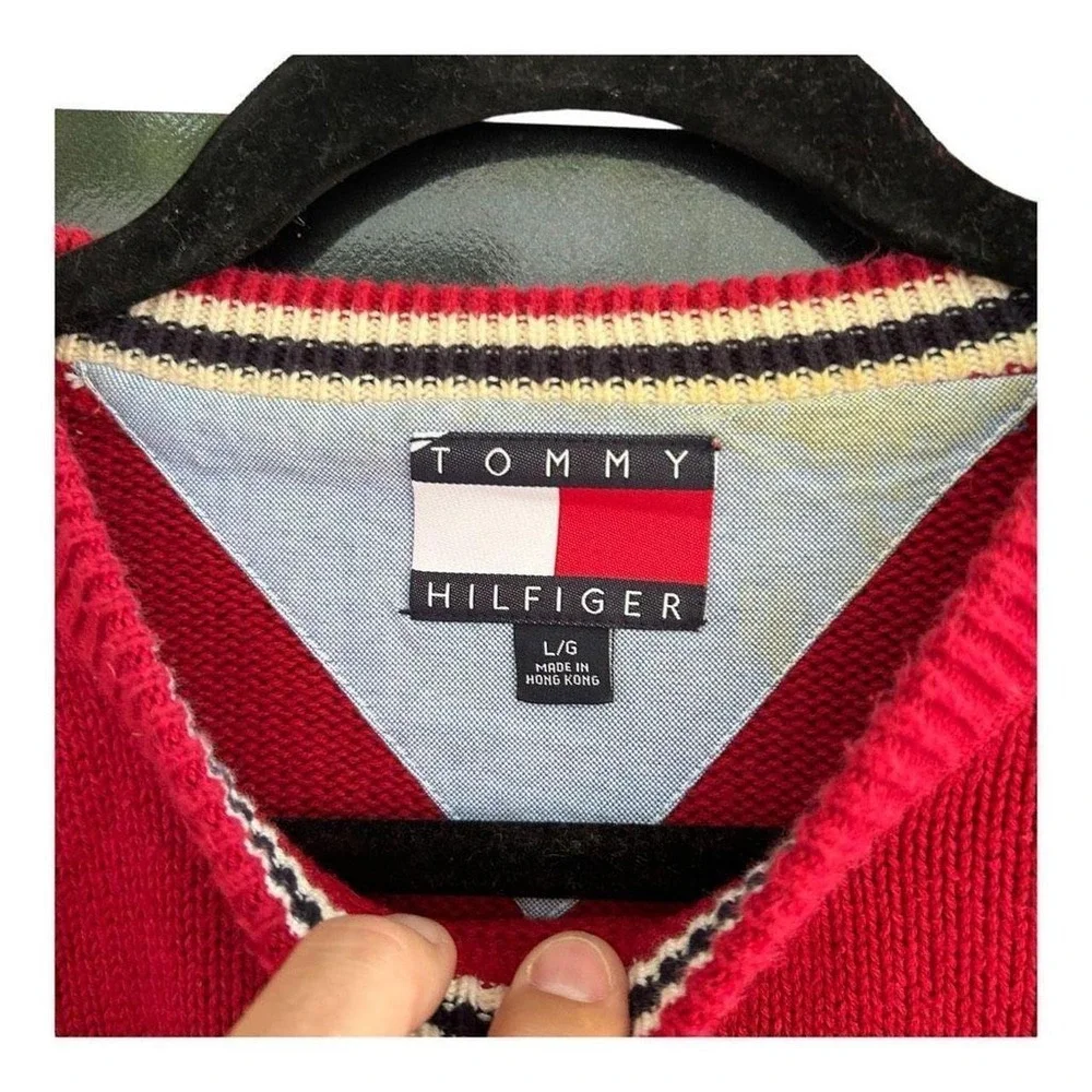 Tommy Hilfiger Mens Red Cotton Knit Crewneck Sweater Large Flag Logo Pullover